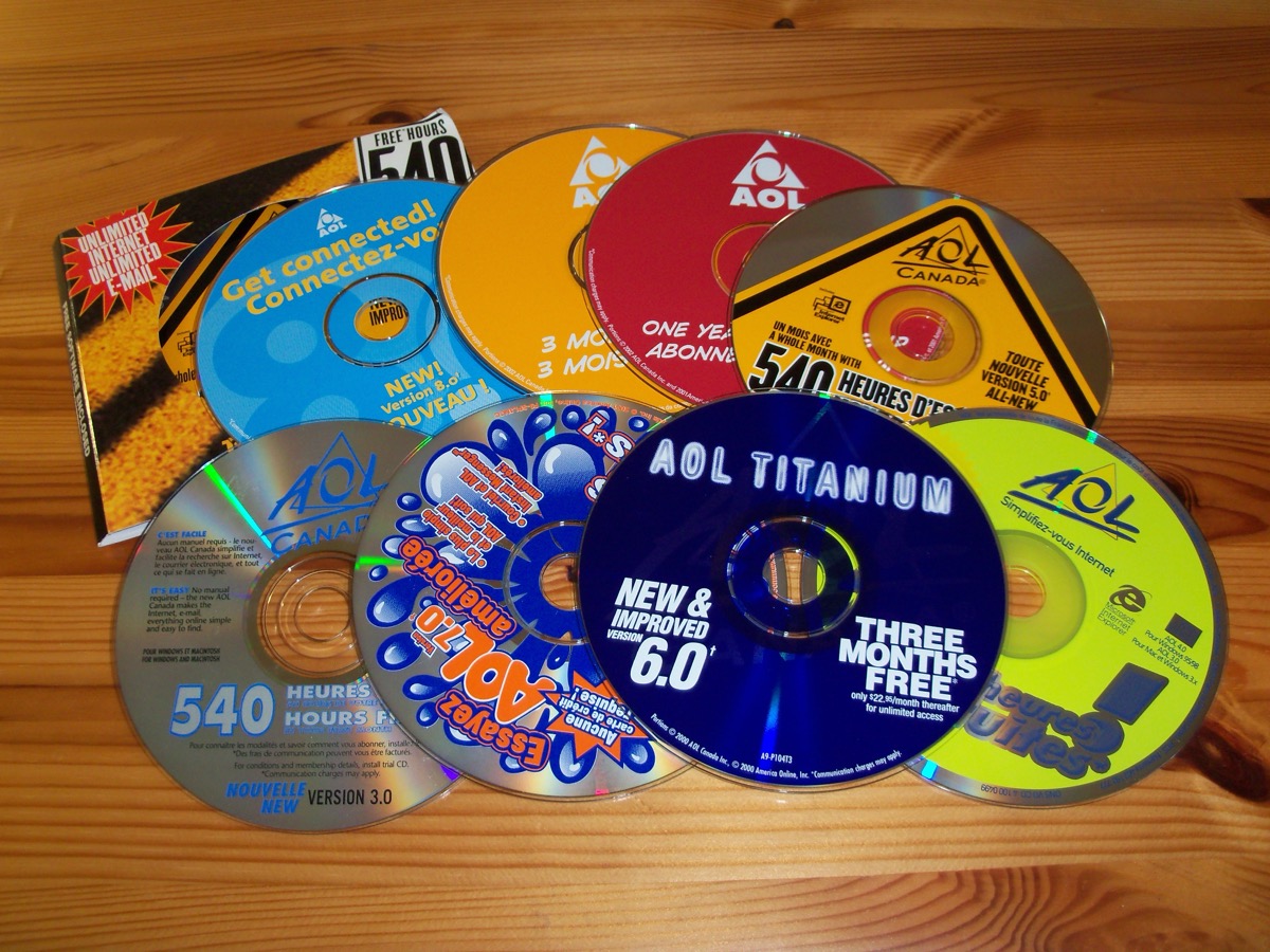 A pile of AOL free-trial promotional CDs
