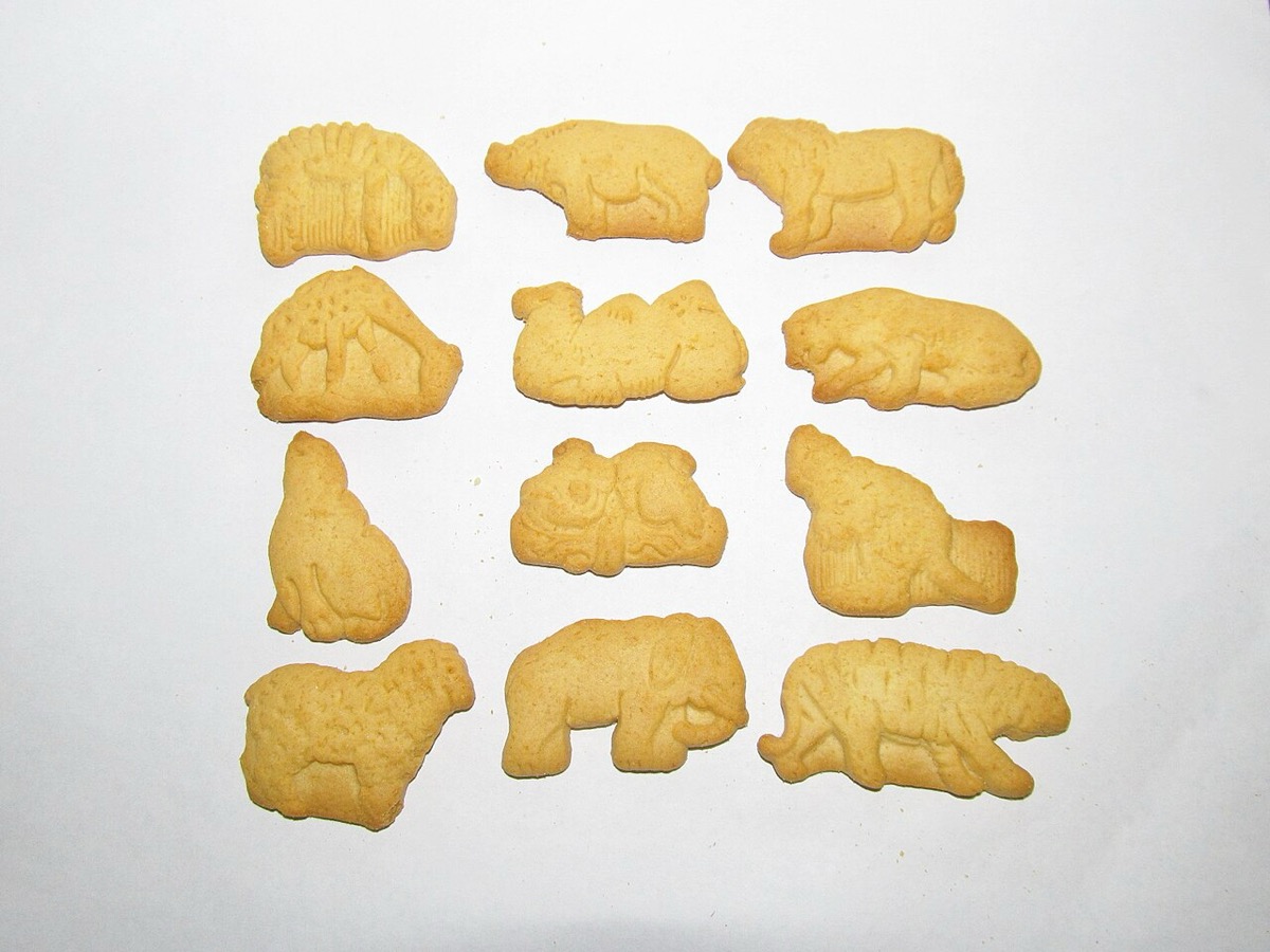 A dozen Barnum's Animals crackers laid out on a white background, animal shapes engraved in each cookie