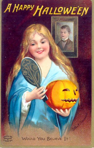 A 1904 Halloween postcard by Ellen Clapsaddle — a girl holds a hand mirror and jack-o'-lantern while a suitor's portrait looms behind her, the mirror divination the Bloody Mary ritual descends from