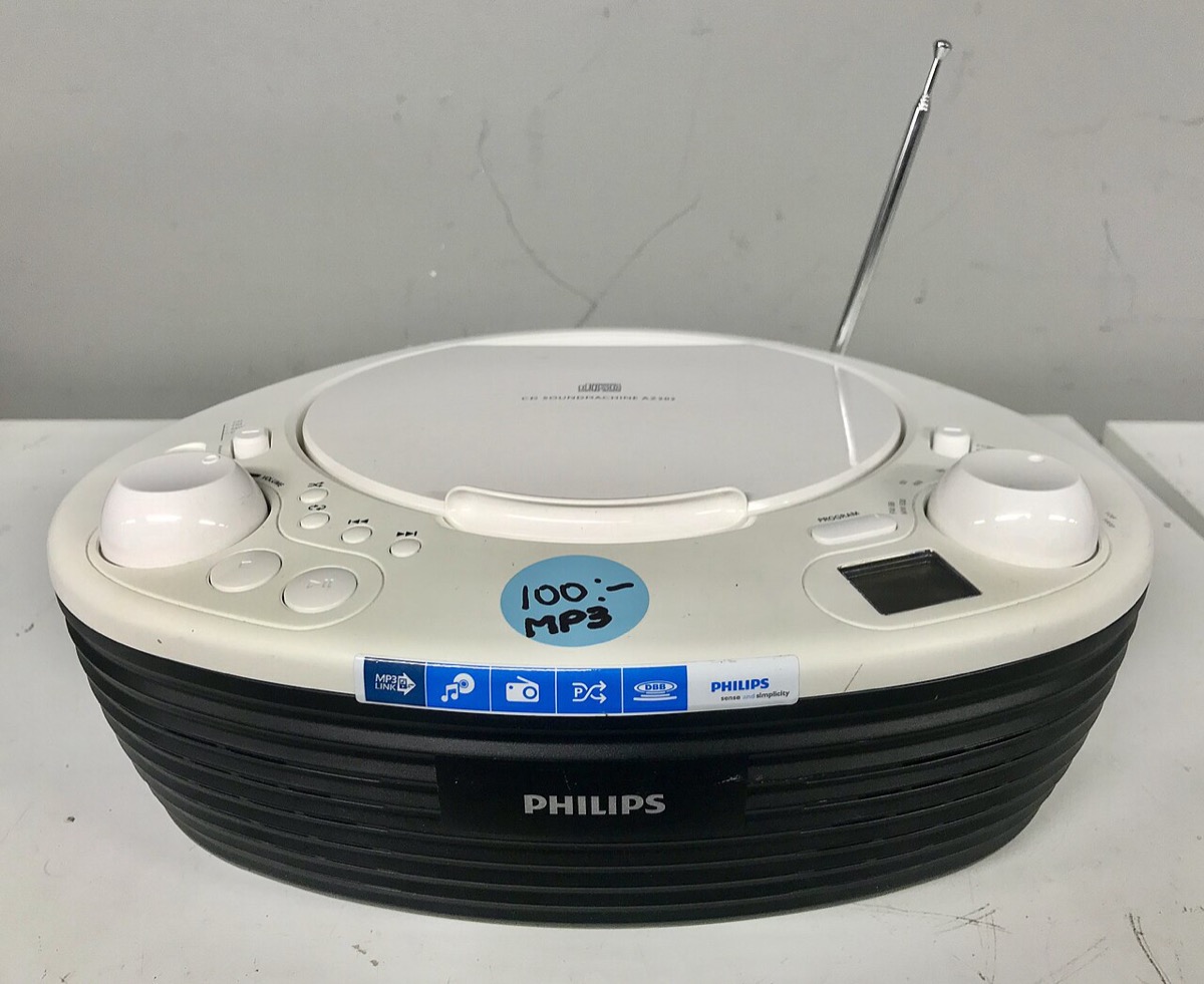 A Philips portable CD boombox with a top-loading CD player, cassette-era radio and speakers