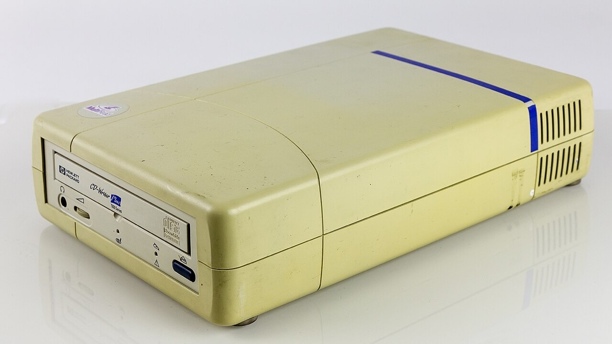 A late-1990s Hewlett-Packard CD-Writer Plus external CD burner