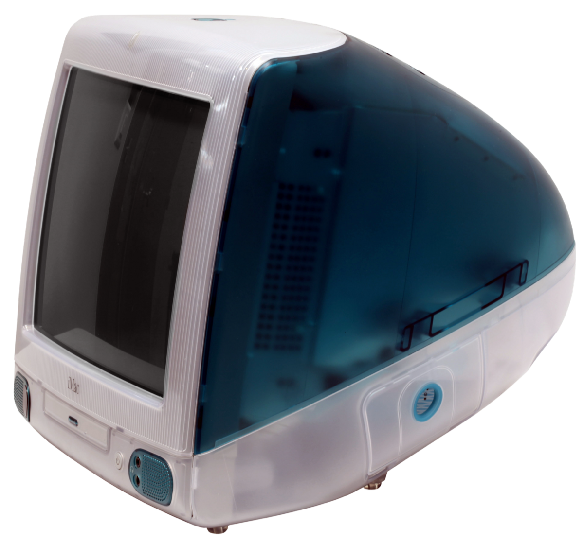 A translucent-blue Apple iMac G3 (1998) — a late-'90s all-in-one that filled school computer labs