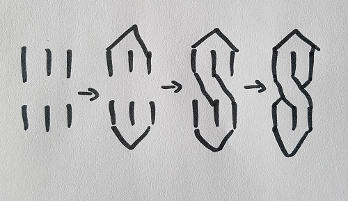 A hand-drawn, step-by-step construction of the pointy "Cool S" doodle in pen on paper