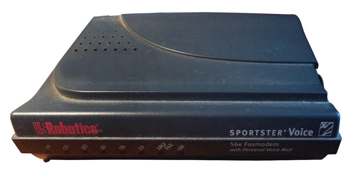 A US Robotics Sportster 56K faxmodem — the external dial-up modem of the late-90s household