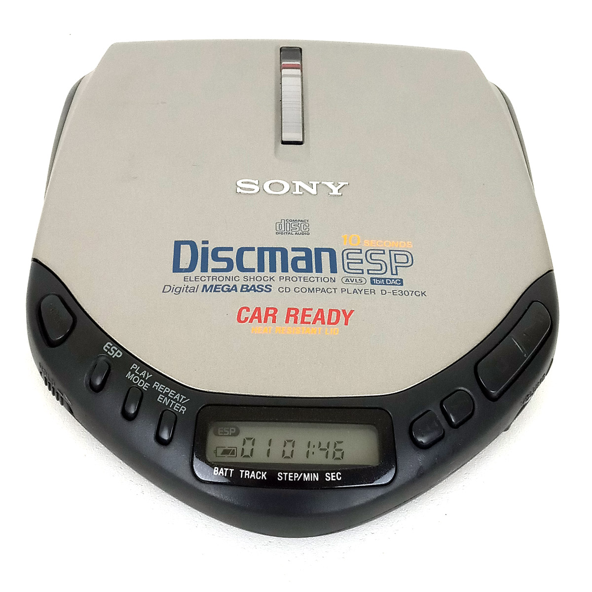 A Sony Discman ESP D-E307CK portable CD player, viewed from above with the lid closed