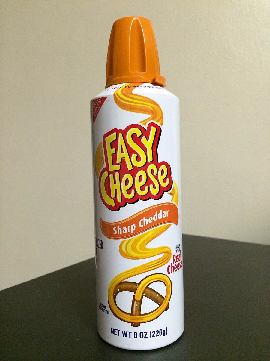 A can of Nabisco Easy Cheese in Sharp Cheddar, the aerosol-style spray cheese