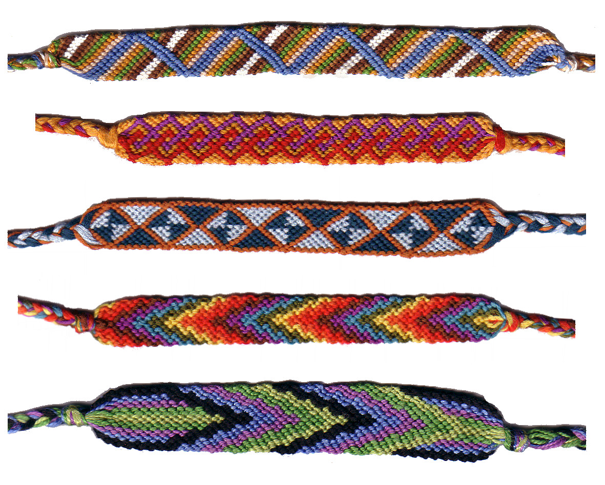 Five handwoven embroidery-floss friendship bracelets in diagonal, diamond, and chevron patterns