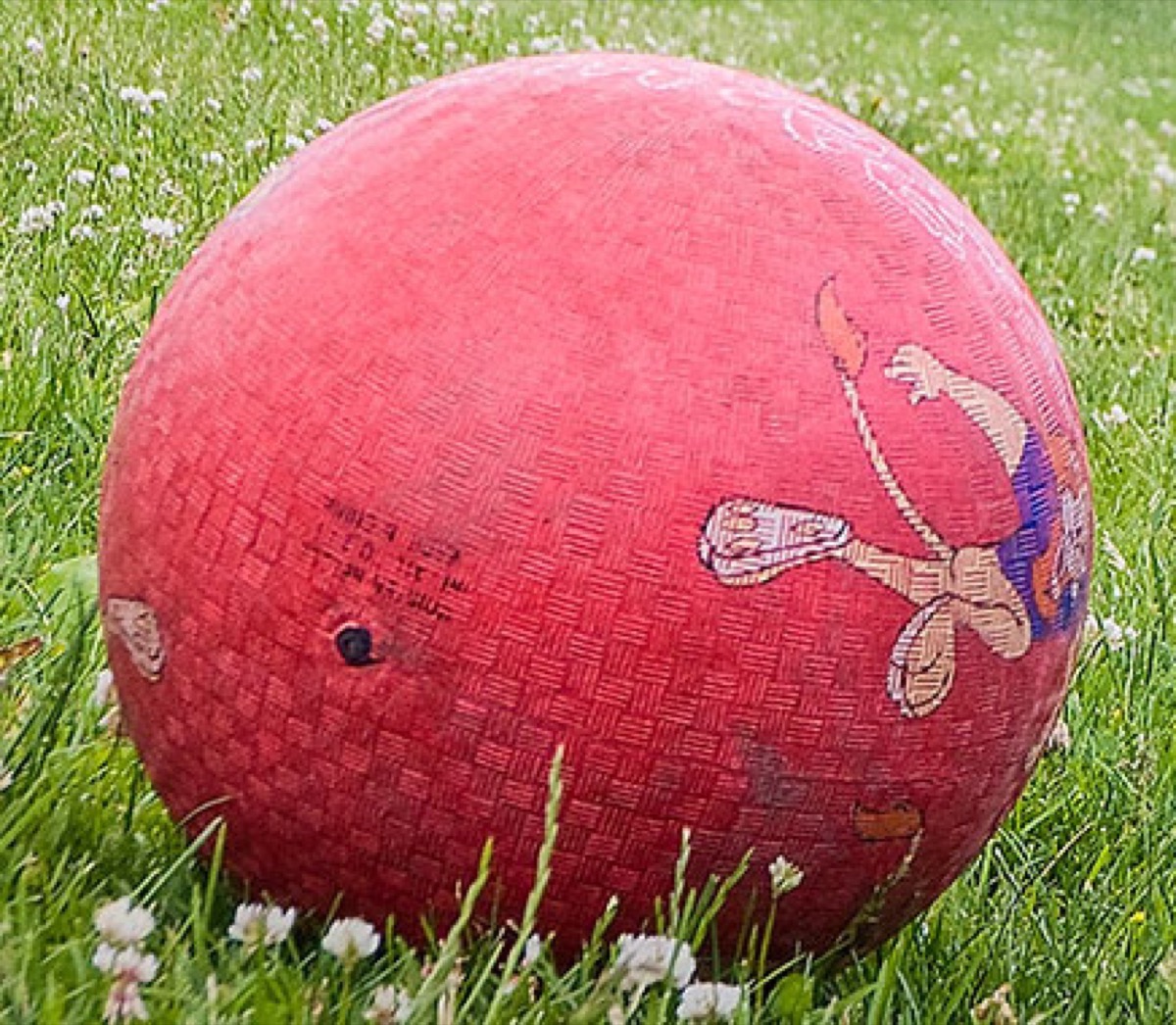 A big red rubber playground ball in the grass — the ball of every schoolyard kickball game