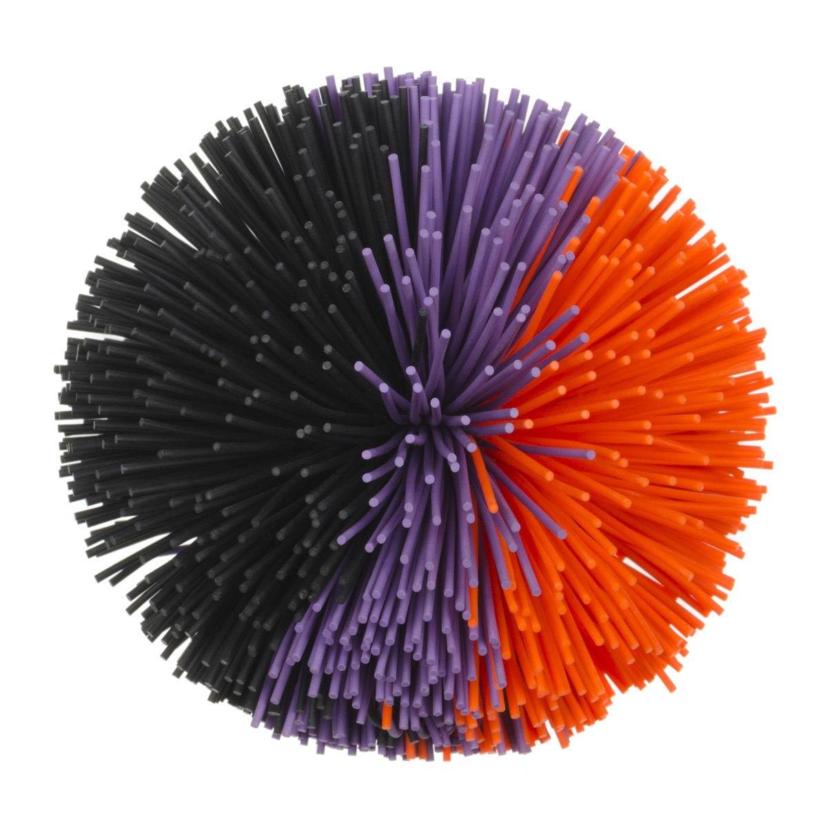 A tri-color rubber-strand Koosh ball on a white background