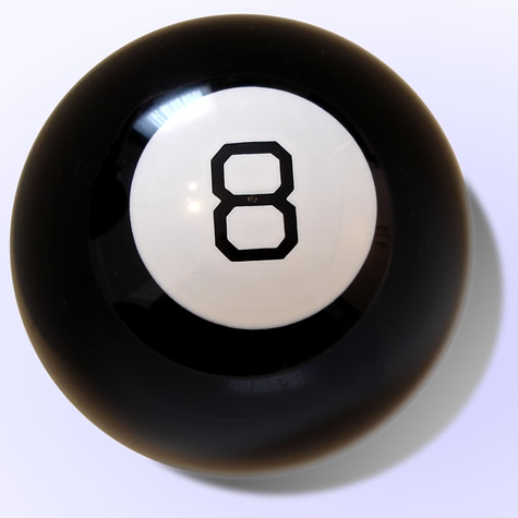 A Magic 8 Ball seen from above, showing the white 8 on its black shell