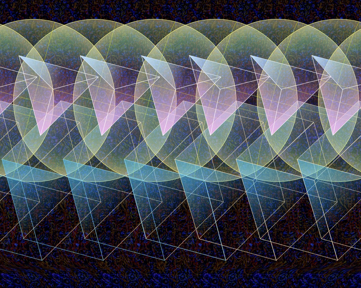 A colorful repeating-pattern autostereogram of the Magic Eye kind — unfocus your eyes and a sphere, cube, and triangle emerge in 3D