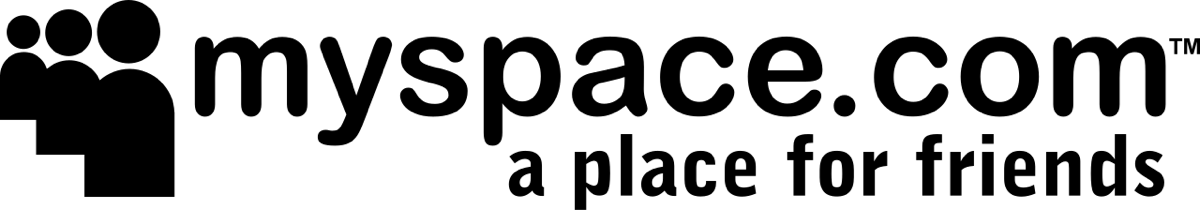 The mid-2000s MySpace logo: 'myspace.com — a place for friends' wordmark with the three-person silhouette icon