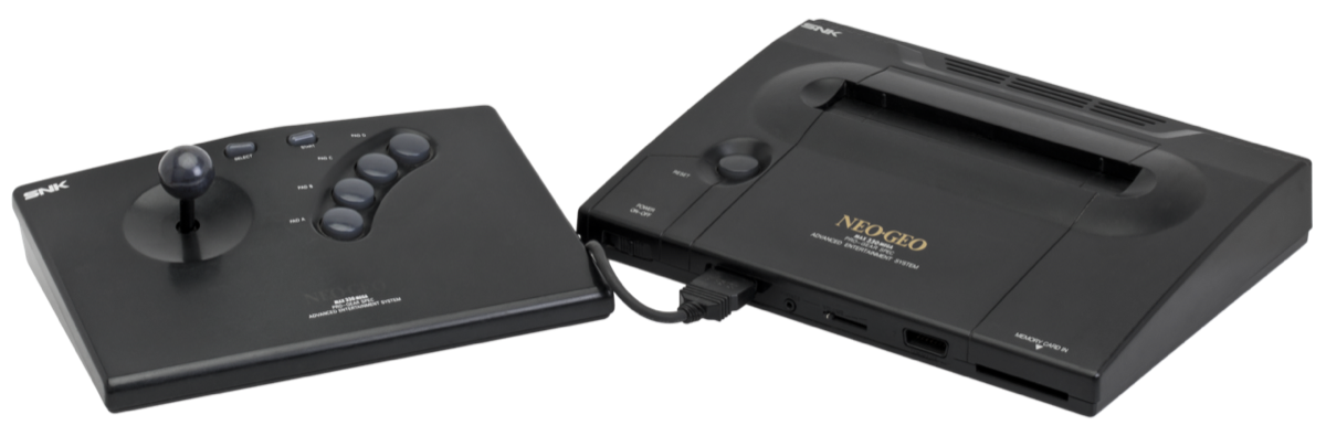 A Neo Geo AES home console with its arcade-style joystick controller