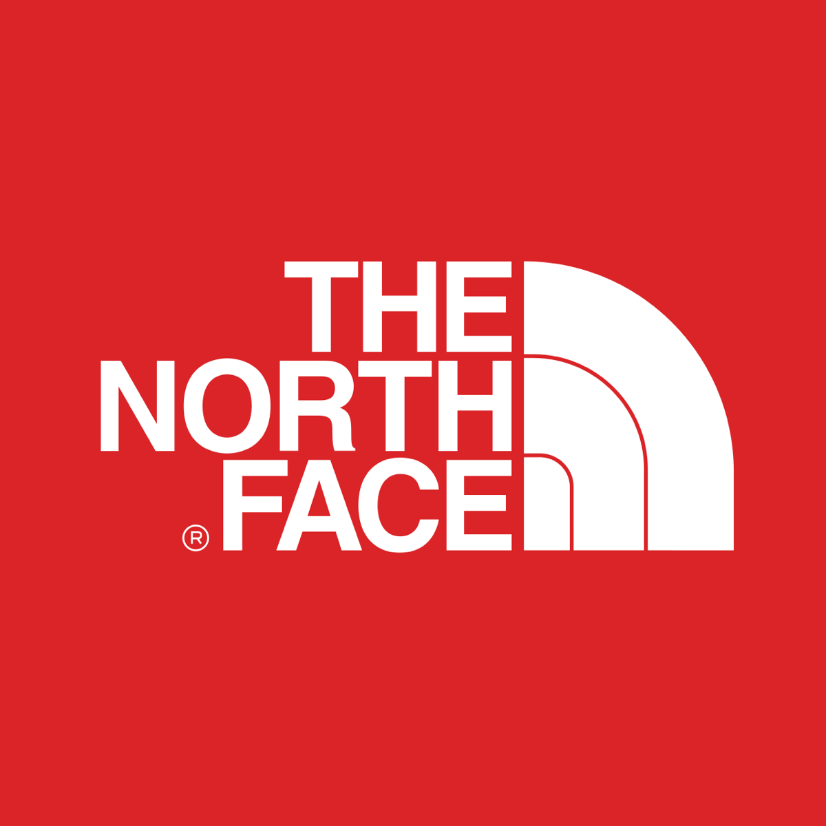 The North Face logo — white wordmark and half-dome mark on the brand's red field
