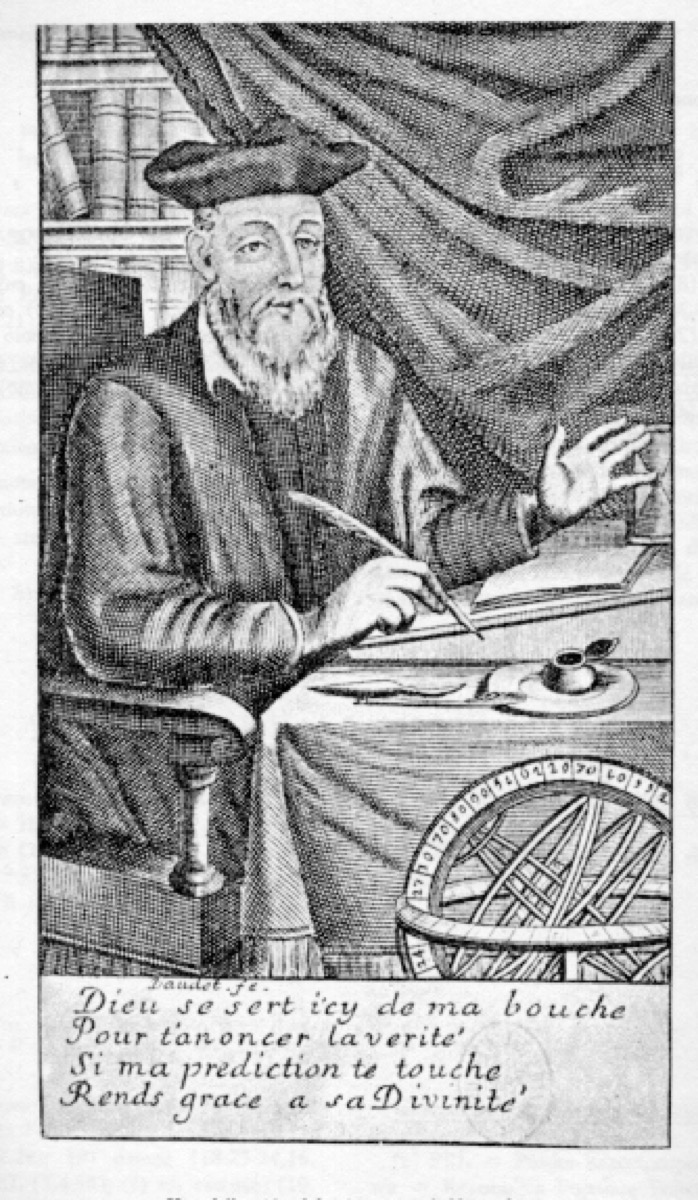 A circa-1690 engraving of Nostradamus seated at his writing desk with a quill and book, an armillary sphere beside him, above a four-line French verse