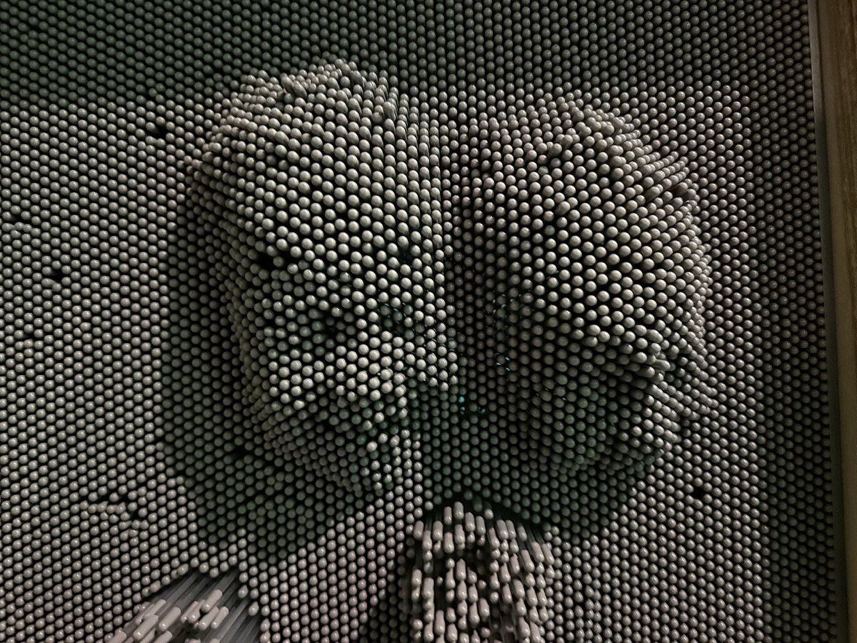A pin-art pinscreen board holding the 3D impressions of two faces pressed into its pins
