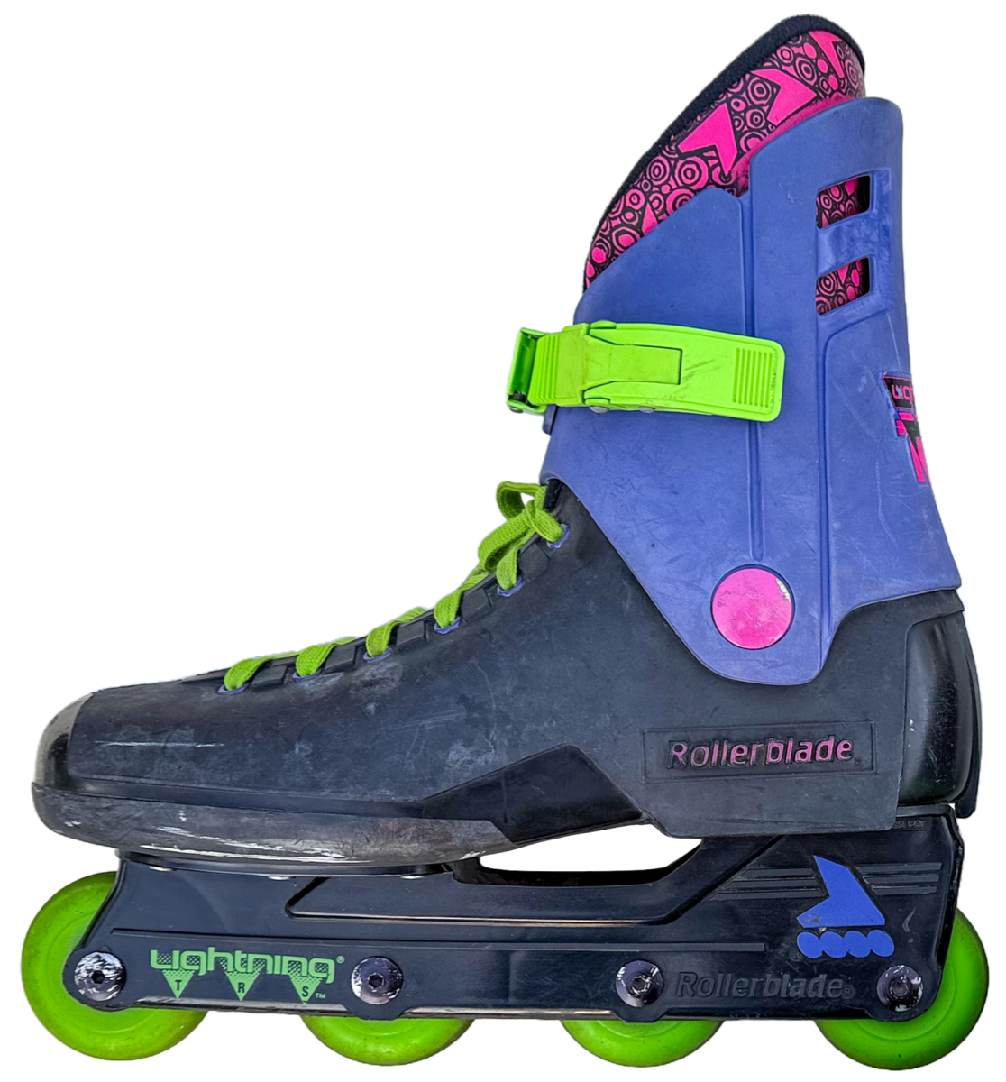 A Rollerblade Lightning TRS inline skate from 1988 in purple, black, and neon green — peak rollerblading aesthetic