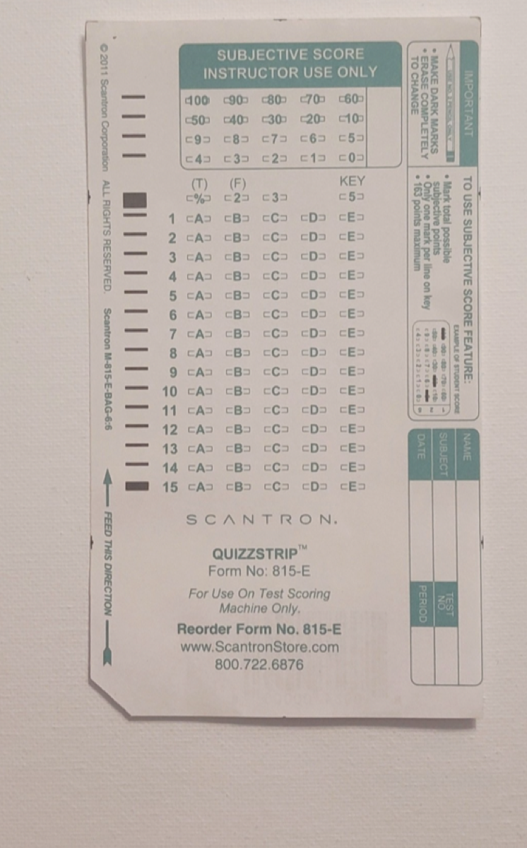 a Scantron 815-E bubble answer sheet (cropped)