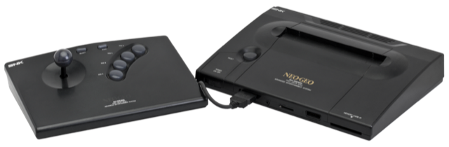 A Neo Geo AES home console with its arcade-style joystick controller