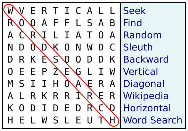 A word search puzzle grid beside a word list, with one word circled in red
