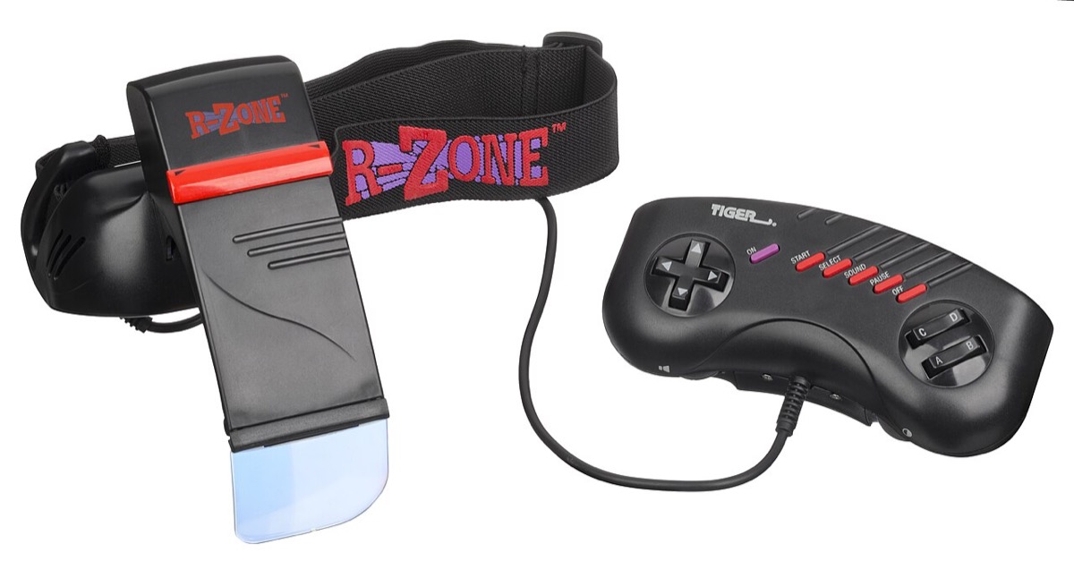 A Tiger R-Zone headset unit with its red-trimmed eyepiece and wired controller