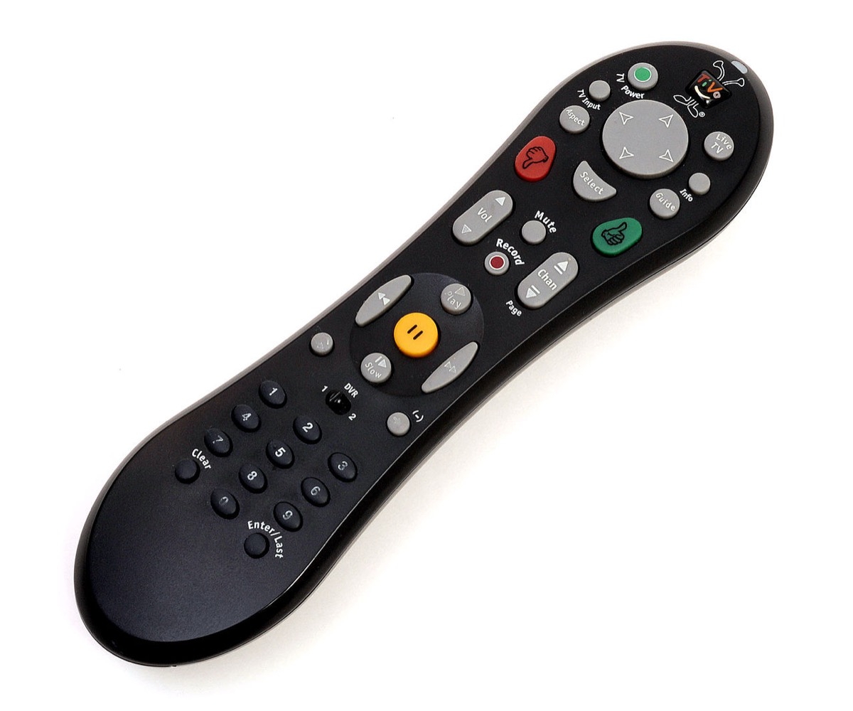 The peanut-shaped TiVo remote control with its yellow pause button and thumbs-up and thumbs-down keys